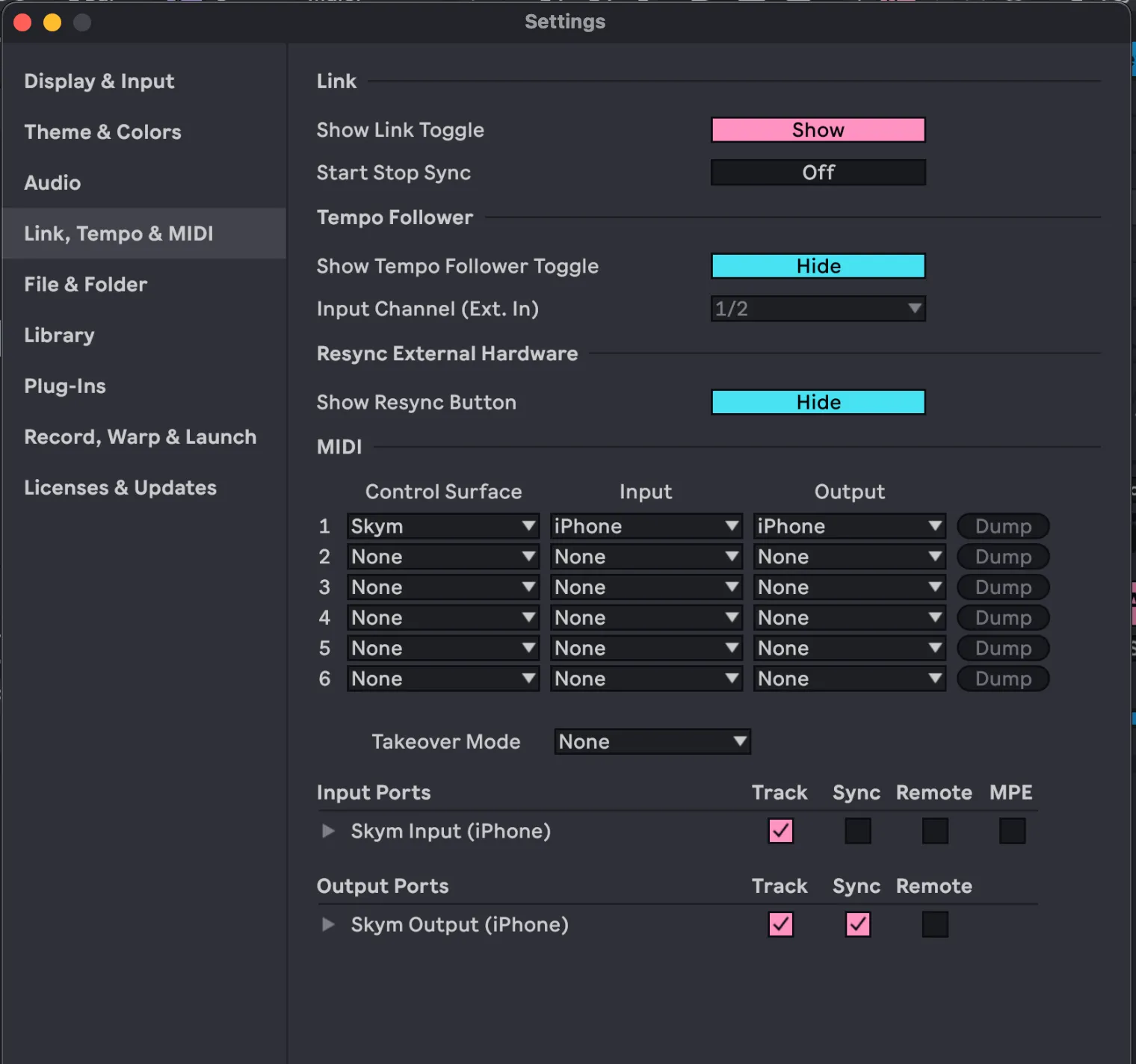 Ableton MIDI settings with Skym selected as a control surface
